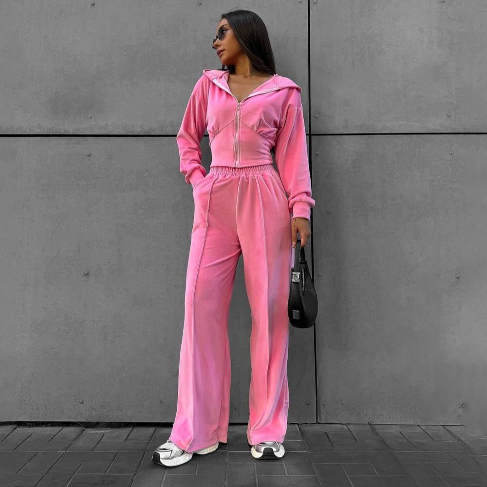 Spice Girl Waist Solid Color Slim Zipper Velvet Jacket Suit Street Style Fashionable Versatile Casual Trousers Women