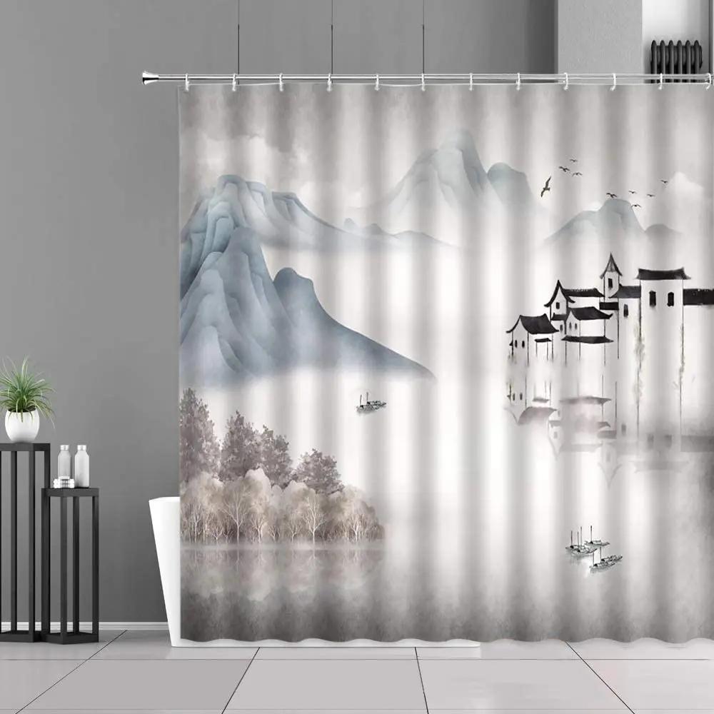 

Chinese Style Ink Painting Shower Curtain Landscape Flower Tree Plant Boat Plum Living Room Background Wall Bathroom Screen Hook W60H190(CM)-1 Pcs