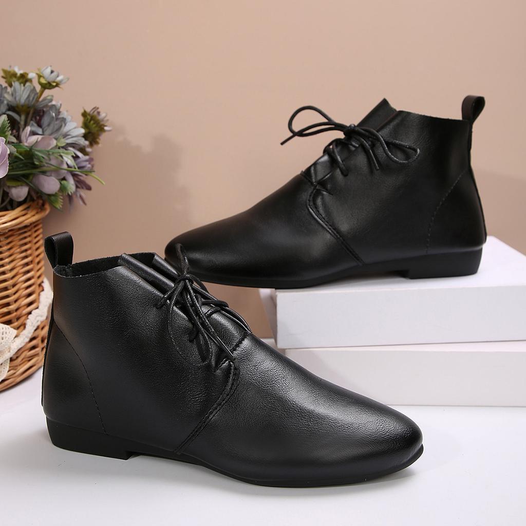 Fashion Women's Ankle Boots Solid Color Leather 2026 Autumn Fashion Pointed Toe Lace-up Flat Boots for Women Casual Retro Sewing Shoes