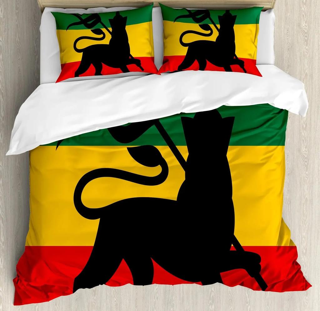 Rasta Bettbezug-Set, Löwe Eine Rastafari-Flagge Dschungel Reggae Bettwäsche-Set Kunst Bunt Kulturell Folkloristisch Druck Bettdeckenbezug-Set