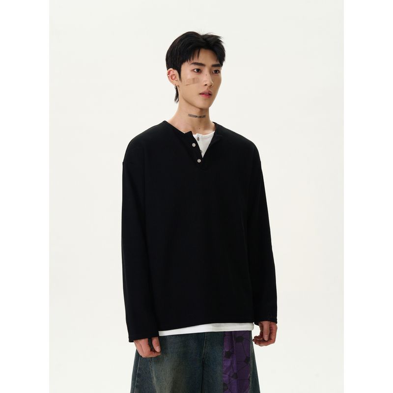 Kisko American Retro Lazy Style Fake Two-Piece Henry Collar Long-Sleeve T-Shirt for Men and Women, High-End Casual Inner Wear Top