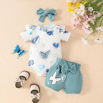 Summer 2025 Baby Girl Butterfly Heart Bodysuit & Bow Shorts Set