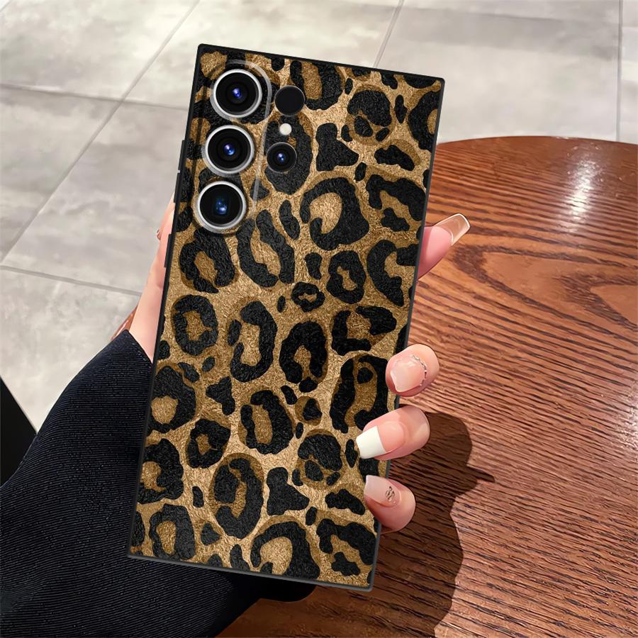 Black Soft Phone Cover Case for Samsung Galaxy S23 Ultra S25 Edge S24 Plus S20 S21 FE Cartoon Leopard Print Pattern