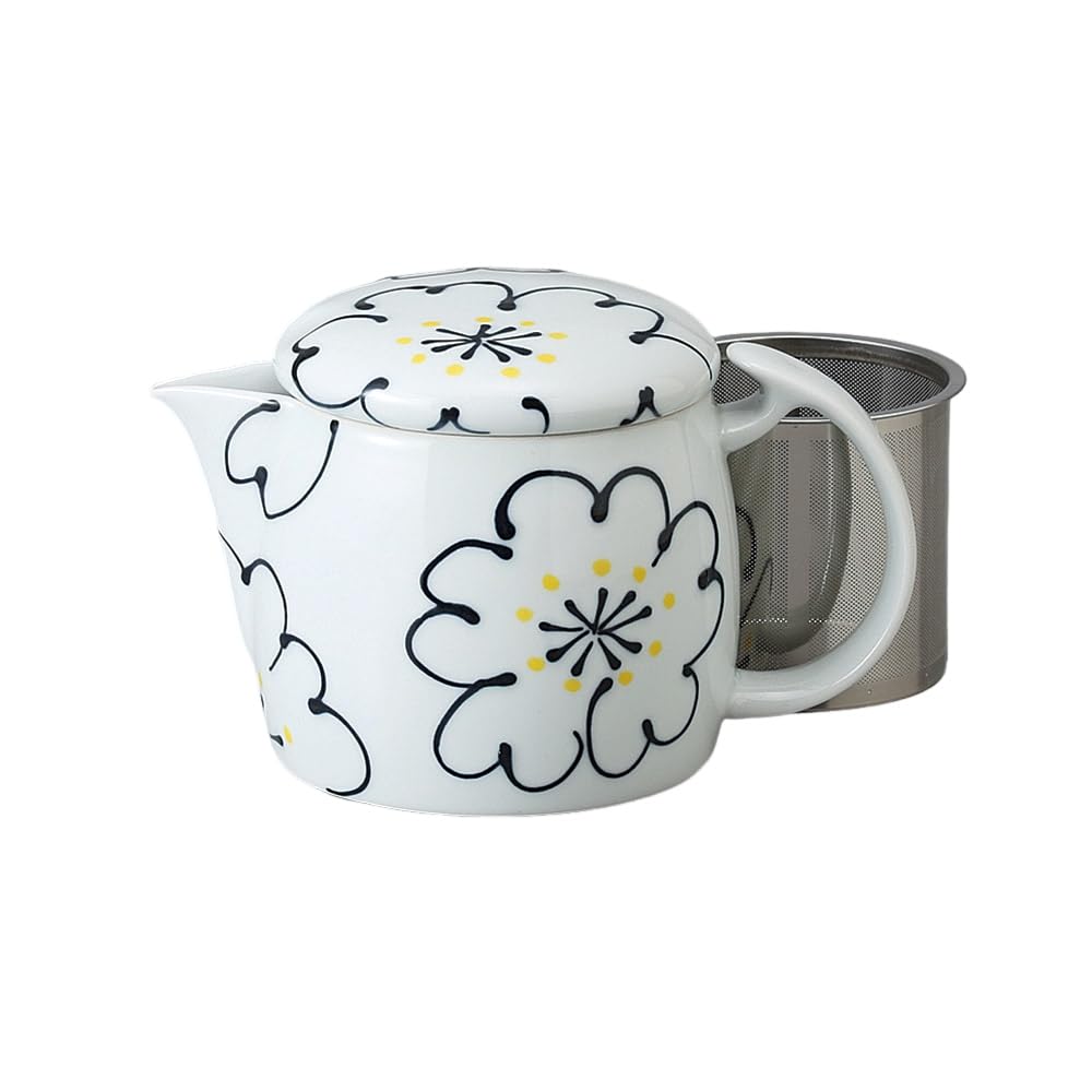 

Ale-net Arita Ware Teapot (with Stainless Steel Strainer), 10.5 x 10 cm, 525cc, Hana (Black) Design, SS Porcelain, Made in Japan, Stylish