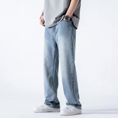 Spring Summer Men's Jeans Straight Denim Pants Elastic Waist Cotton Streetwear Male Wide Baggy Casual Blue Trousers
