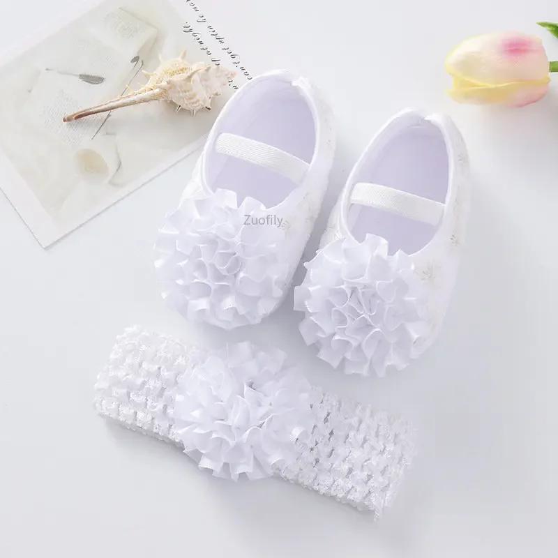 Spring Infant Baby Girl Shoes Newborn Lace Flowers Headband Anti-Slip Soft Sole First Walkers Toddler Kids Cotton Baptism Shoes