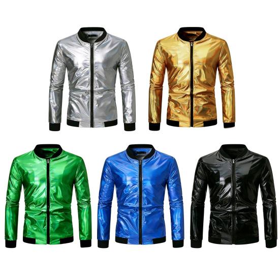 Men Coat Stand-Up Collar Threaded Cuffs Long Sleeve Jacket Coat Golden Stamping Shiny Outerwear Versatile Spring Autumn Casual Wear