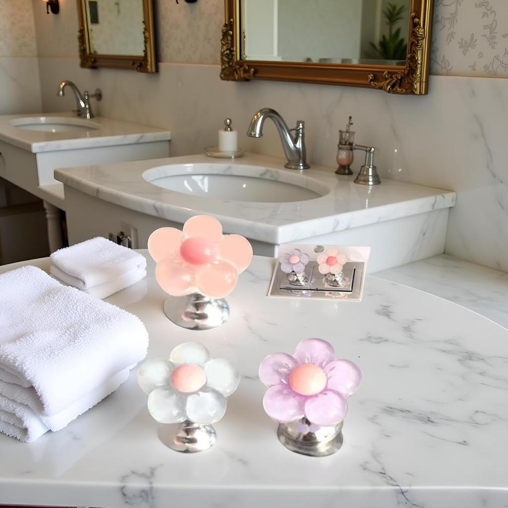 3Pcs Multicolor Cute Flower Shaped Toilet Buttons,Flower Shape Press Tank Button,Toilet Push Tank Buttonss Flush Pusher Tool,Handle Helper,Creative