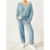 VEZFAA Women's Fashion Casual Spring Fall Solid Color Print Long Sleeve V-Neck Trousers Pants Suits