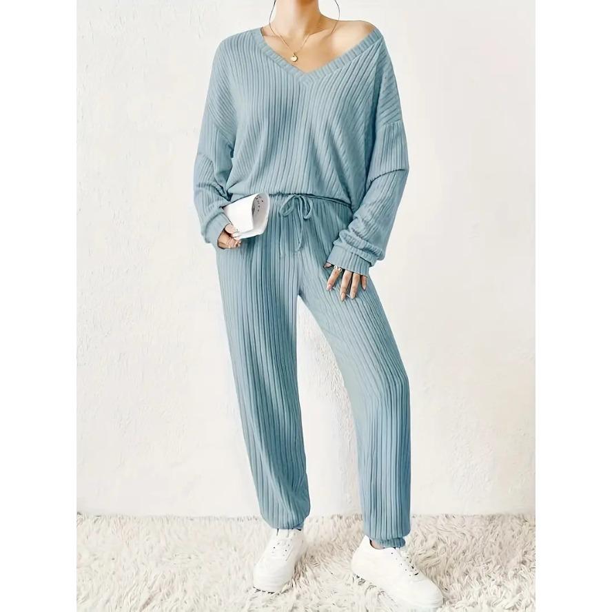 VEZFAA Women's Fashion Casual Spring Fall Solid Color Print Long Sleeve V-Neck Trousers Pants Suits