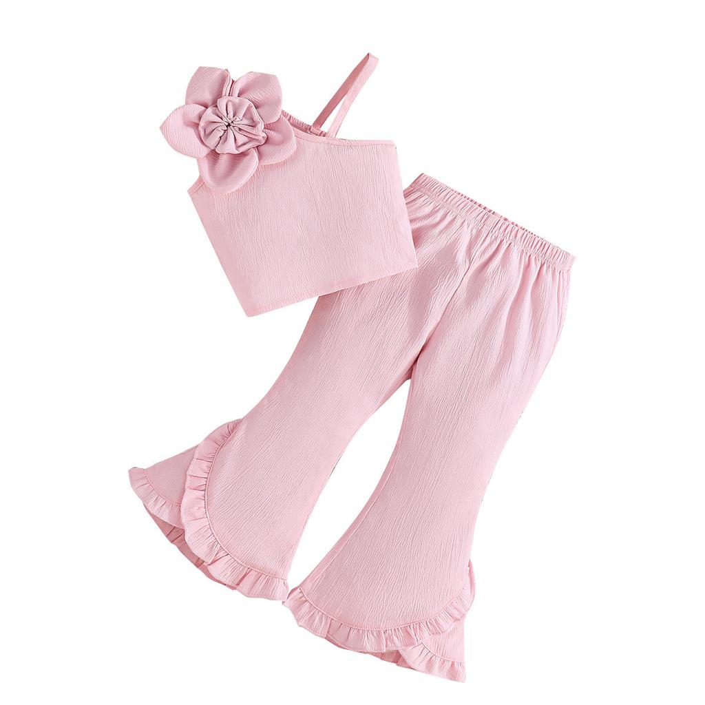Summer New Style Asymmetrical Shoulder Strap Floral Top + Solid Color Lace Flared Pants Two-Piece Set Children's Clothing