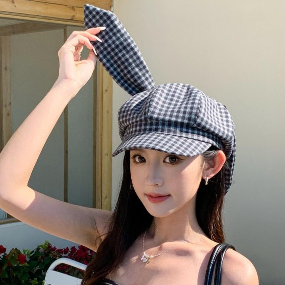 Korean Style Rabbit Ears Octagonal Hat Big Head Circumference Women Artist Hat Plaid Beret  Ladies