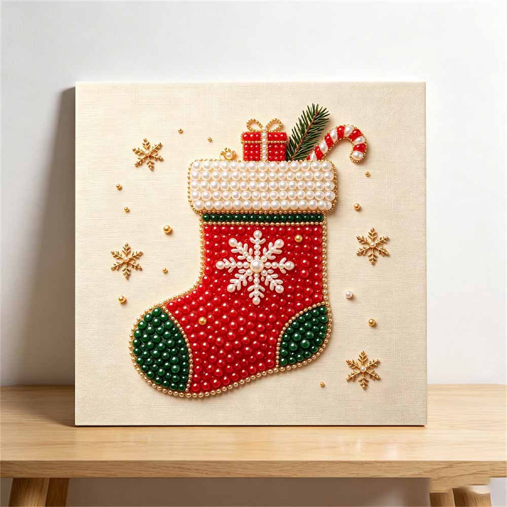 Framed Pearl Bead Art Set with Christmas Stocking Pattern DIY Sparkling Canvas Painting Relaxing Hobby Gift for Meditation Room Decoration