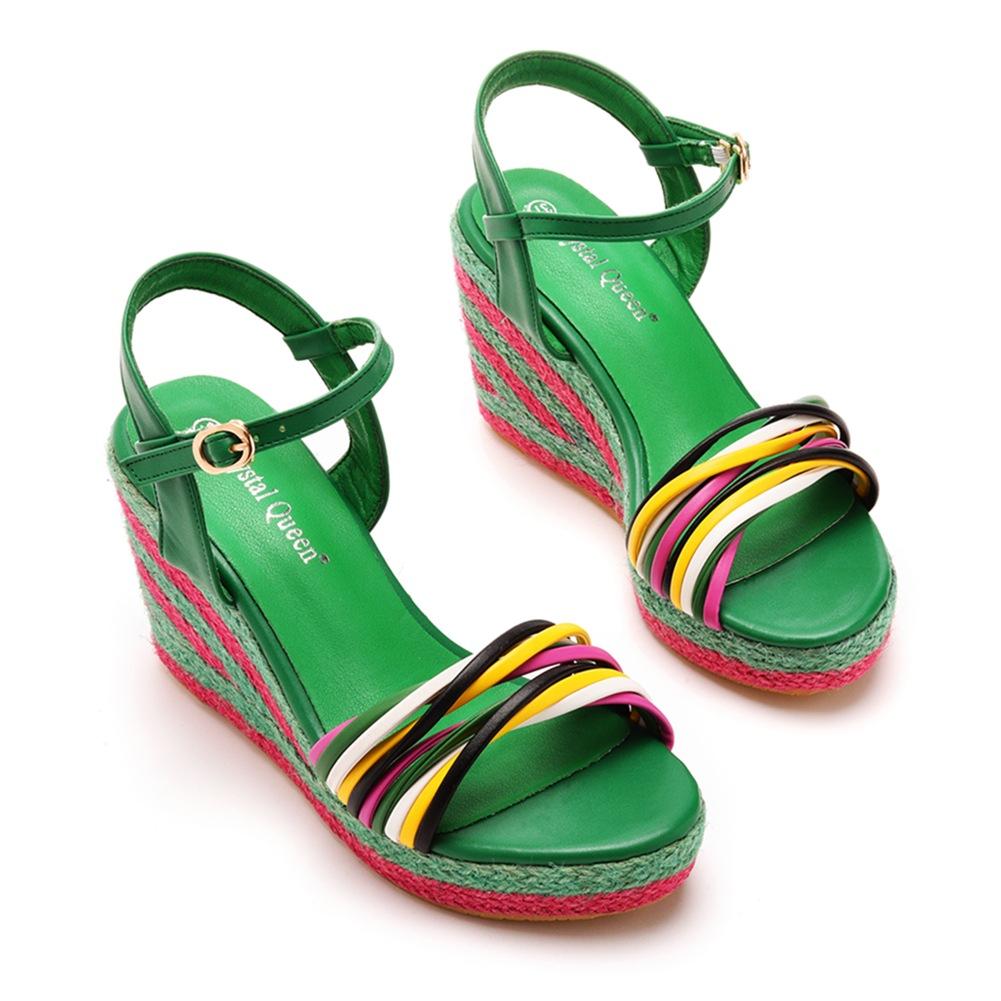 9cm Bohemian Wedge Sandals Waterproof Platform Fish Mouth High Heel Sandals Straw Mat Wedge Beach Sandals