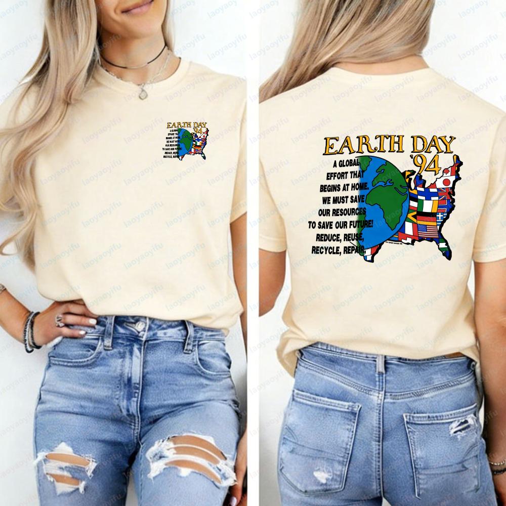 Vintage 1990s 1994 Earth Day Planet Reduce Reuse Recycle World Flag TShirt Unisex Clothing Harajuku Vintage High Quality Cotton