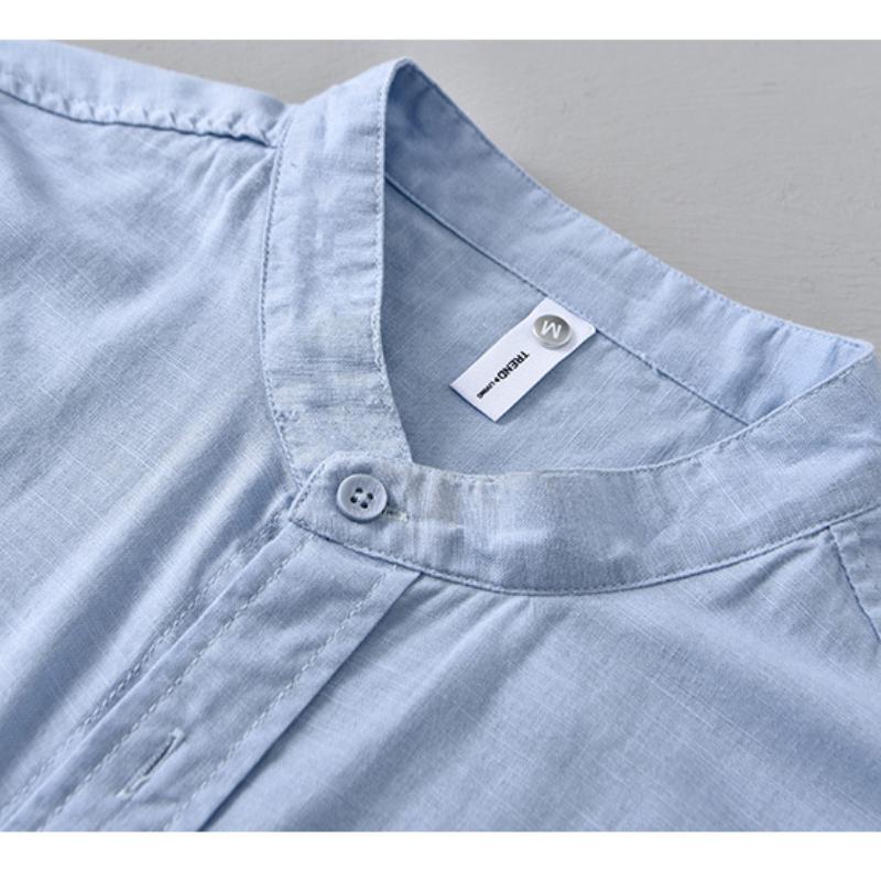Solid Color Stand Collar Short Sleeve Shirts for Men Daily Summer Tops Casual Soft and Comfortable Cotton Linen Shirt Simple Style Men Clothing