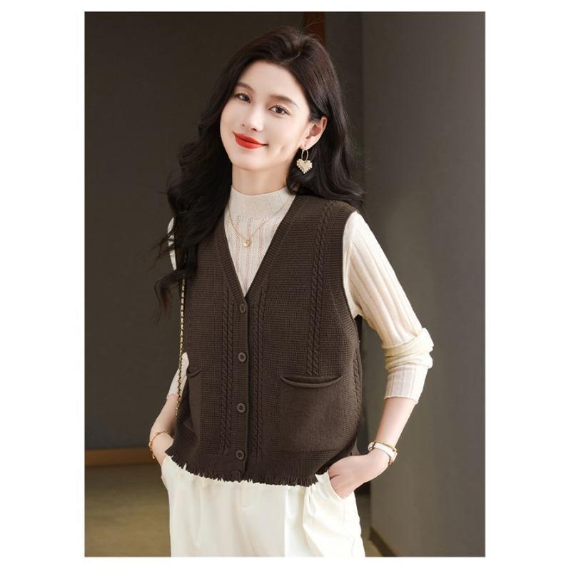 

В язаний жилет для жінок Осінній Новий Модний Жилет Вільний Темпераментний Артистичний Кардиган Топ XL кавовий