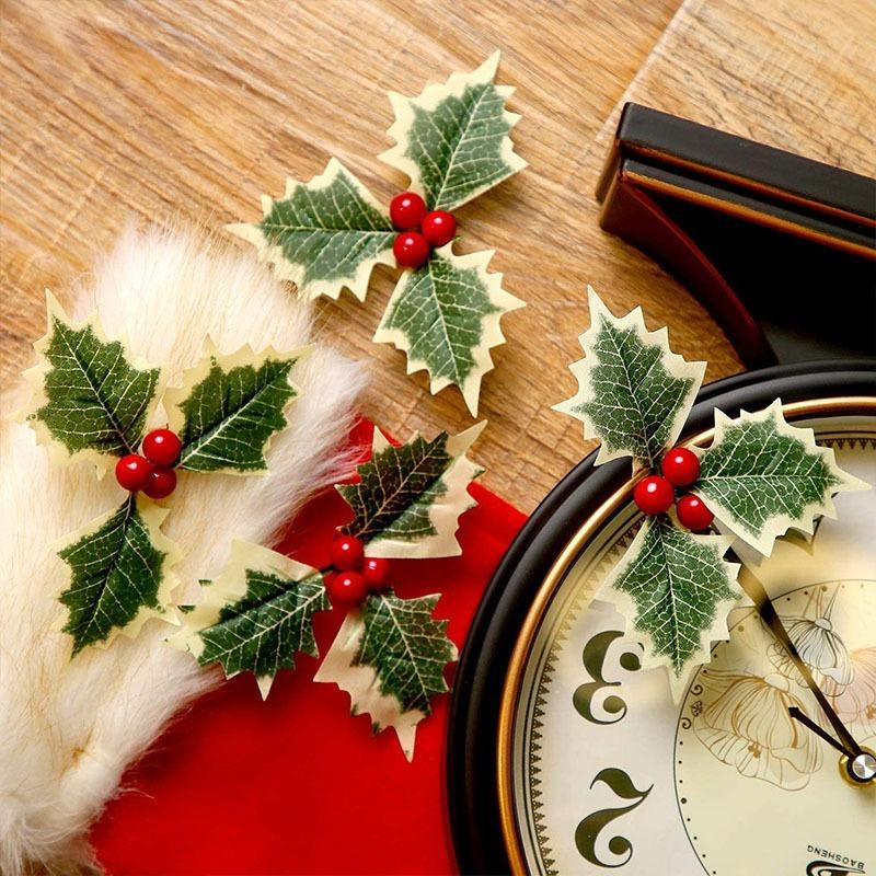 50/5Pcs Christmas Holly Leaves Artificial Red Berries DIY Christmas Flower Wreath Decoration for Home Xmas New Year Gifts Decor