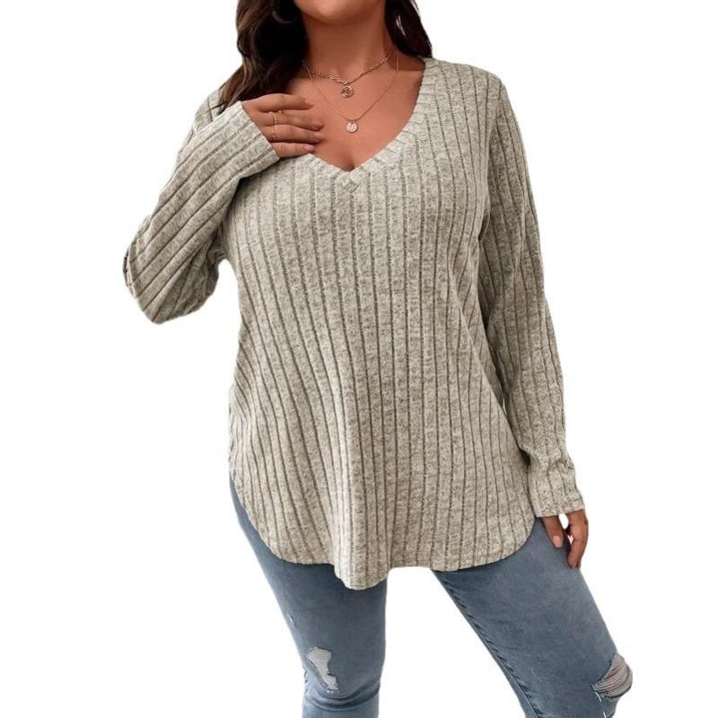 Autumn Winter New Solid Color Large Size Women's Tops V-neck Long-sleeved Pit Strip Brushed T-shirt Loose Pullover