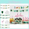 Brightly Colored Hawaiian Party Decor With Whimsical Flamingo And Dinosaur Banners