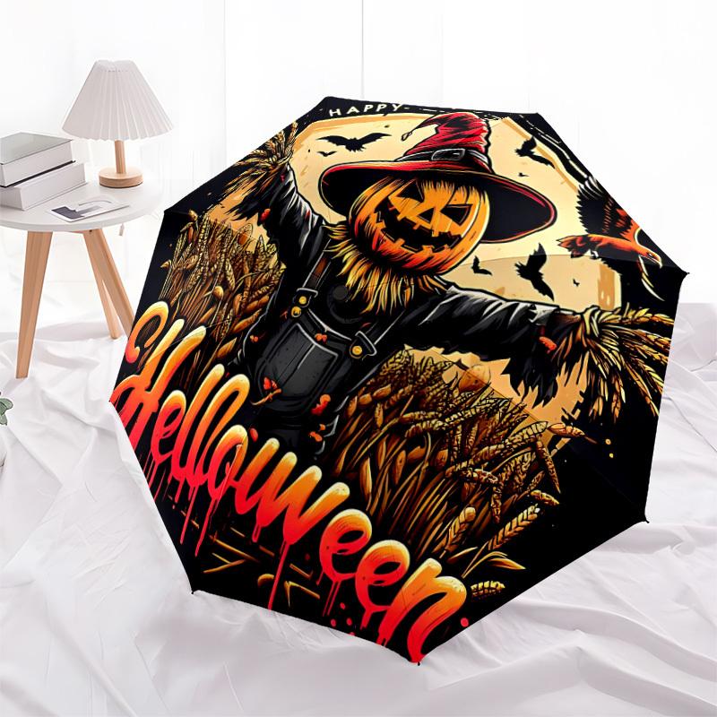1pc Halloween Horror Pumpkin Patch Automatic Folding Umbrella, Lightweight Retractable Compact Travel Umbrella, 8-Rib Sturdy Frame082