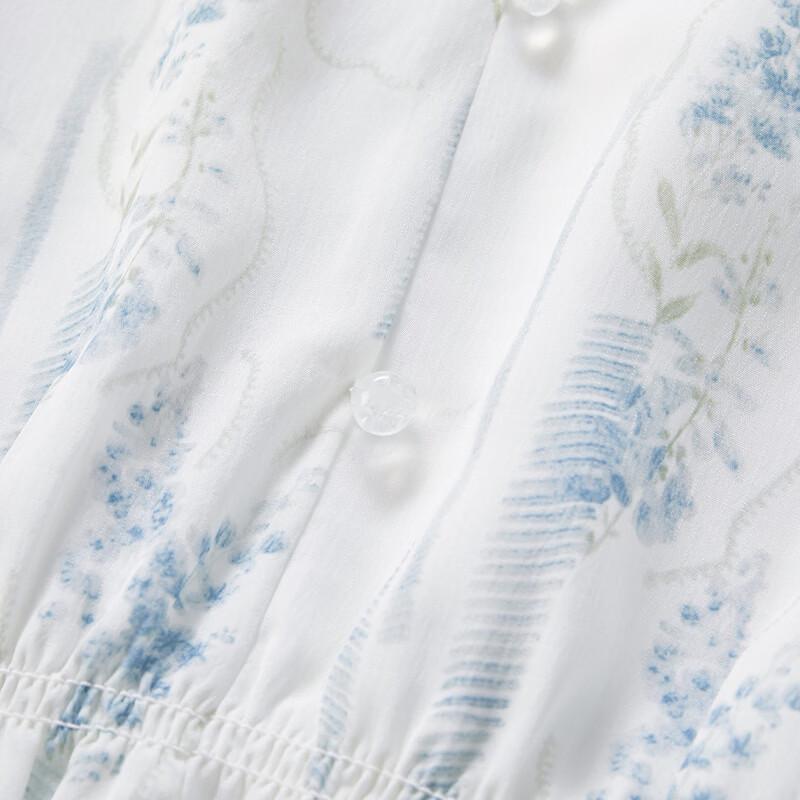 Women's French Style V-neck Printed Puff Sleeve Blouse