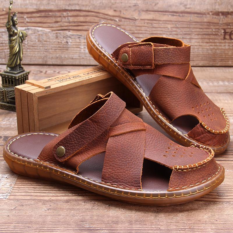 Cheap Men's Sandals Authentic Leather Toe Box Trendy Beach Shoes Casual Soft Bottom Non