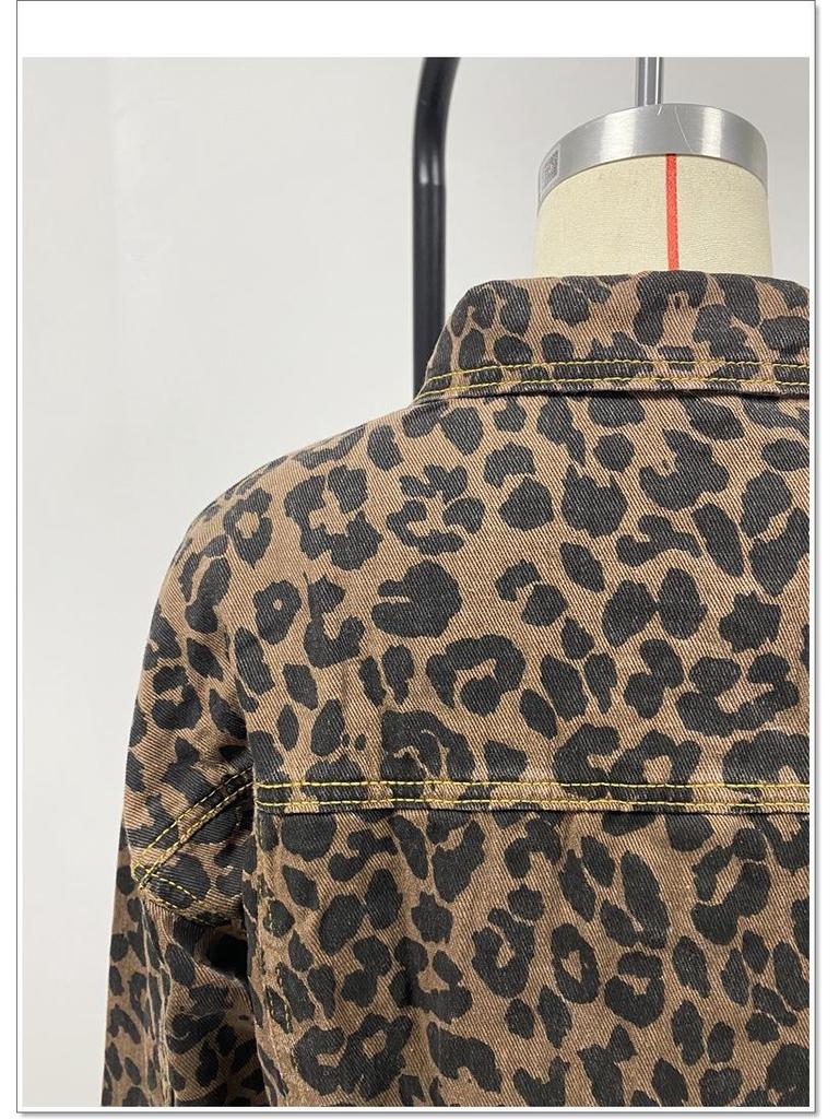 Leopard Print Long Sleeve Denim Short Jacket 2024