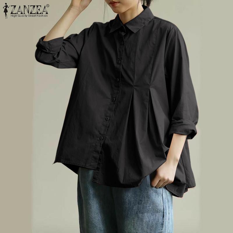 ZANZEA Dámská halenka s límečkem, jednobarevná, volná, s dlouhým rukávem