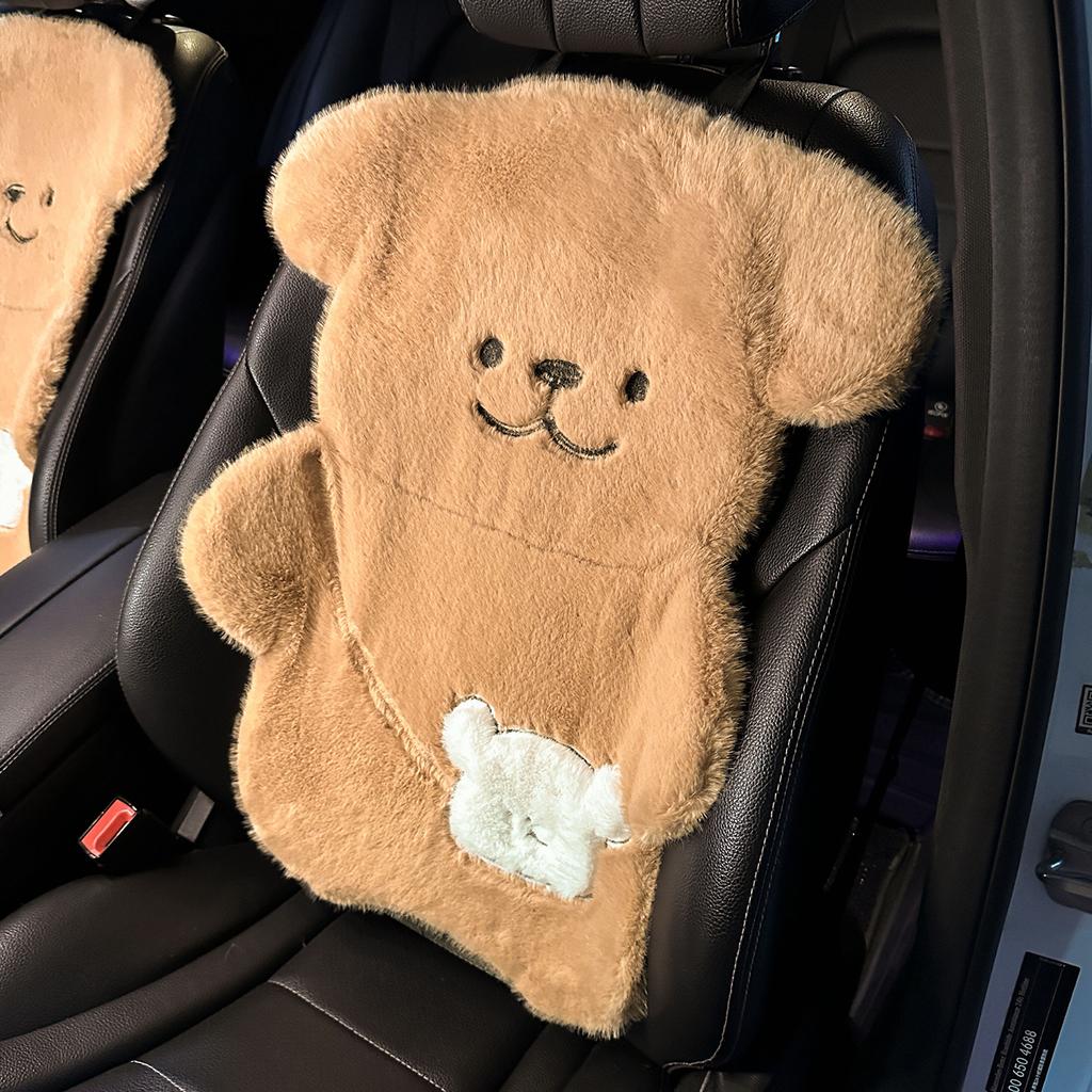 New Thick Car Plush Seat Cushion with Winter Warmth Cartoon Bear Car Seat Cover Half Pack Seat Cushion Waist Cushion Headrest
