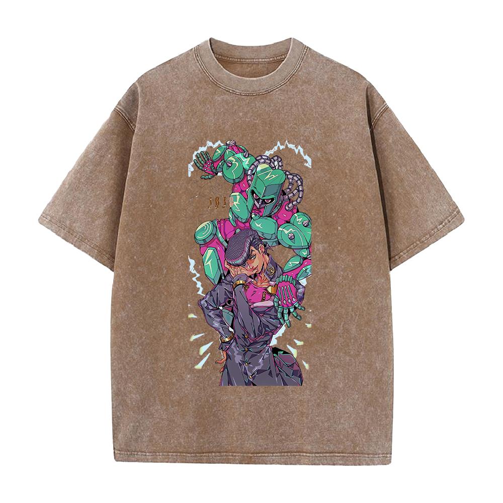 Anime JoJos Bizarre Adventure Higashikata Jousuke Graphic T Shirt Men Casual Cotton Tshirt Vintage Washed Tshirt Harajuku Tops