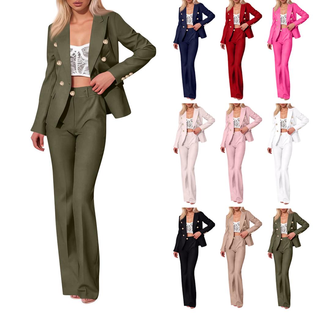 Women's Fashion Solid Color Long Sleeved Button Up Suit Jacket Casual Straight Leg Pants Two-piece Set