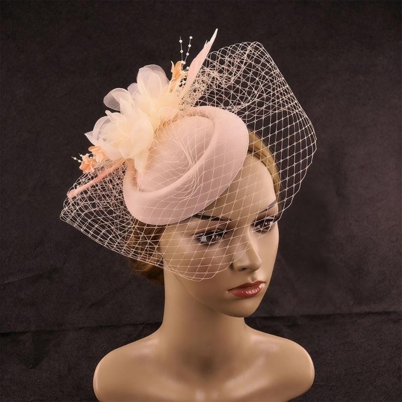 Elegant Feathered Flower Fascinator Hat for Women Cocktail Party Wool Fedoras Hat For Masquerade Parties Dressingup