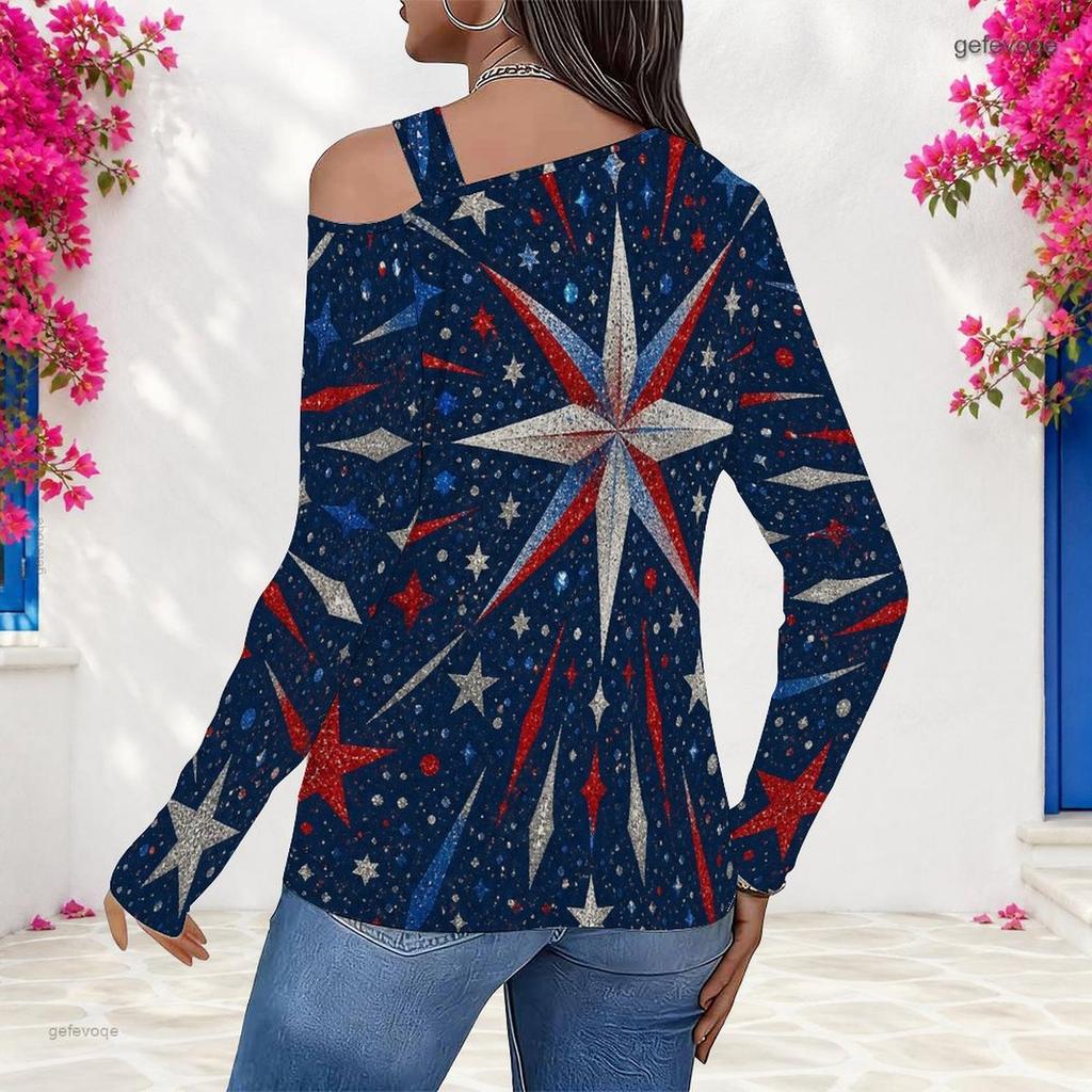Women s Plus Size Asymmetric Cutout Neck Cold Shoulder Long Sleeve Star Printed White Top