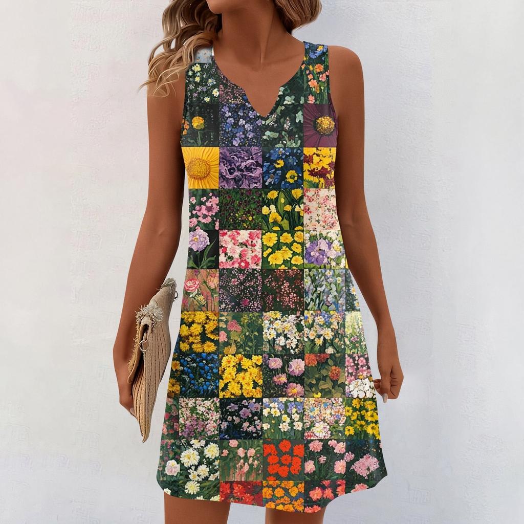Women Summer Dresses V-Neck Print Sleeveless Sundress Casual Dress