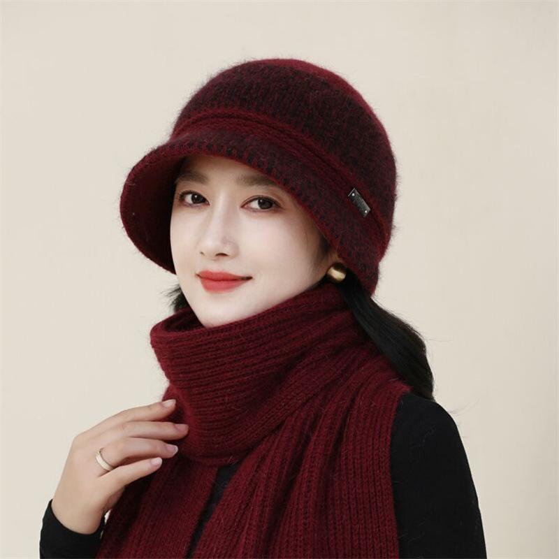 Mütze Damen Herbst und Winter Kältebeständige Strickmütze aus Kaninchenfellimitat Thermo-Waschbeckenmütze Verdickte Wollmütze mit Ohrenschutz für Radfahrer mittleren Alters und Ältere