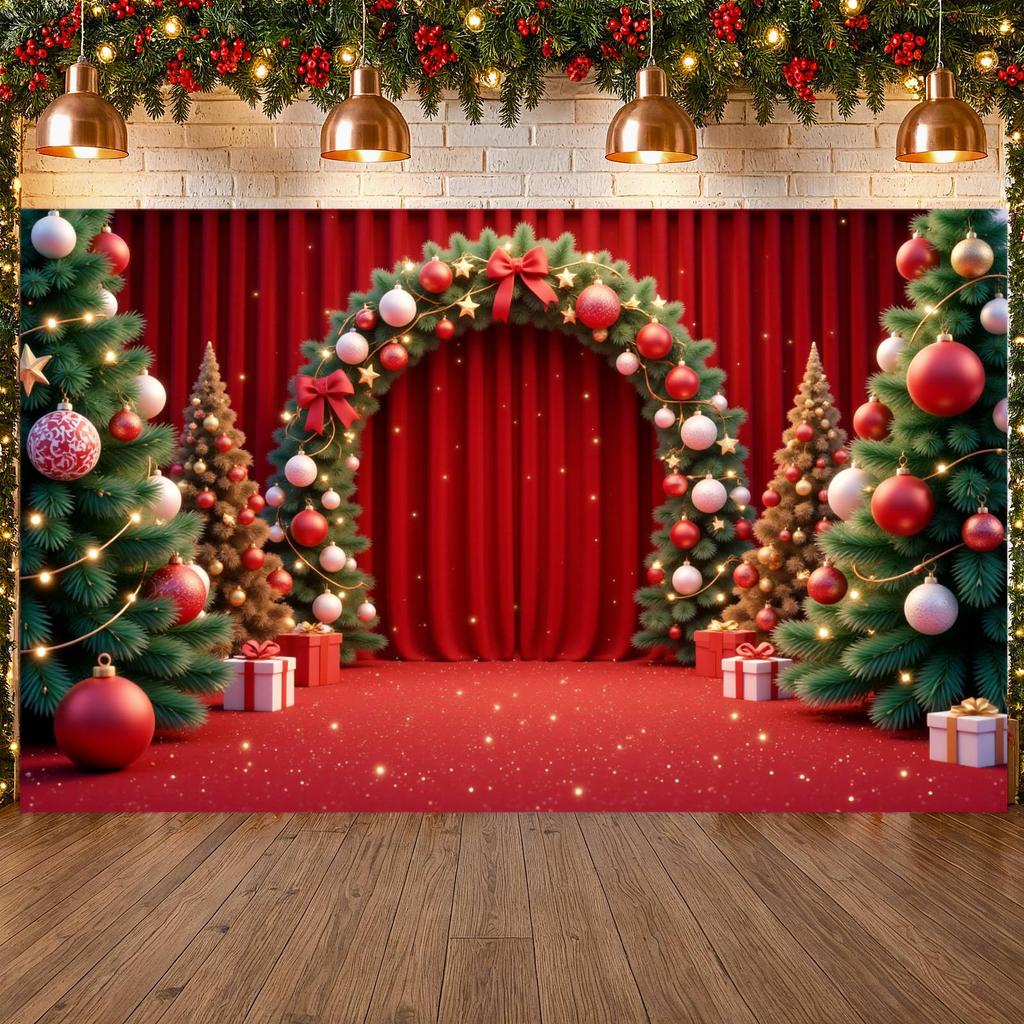 Christmas Ornament Festive Holiday Backdrop Winter Banner Red Theme Christmas Banner For Xmas Celebration Photo Shoot Indoor