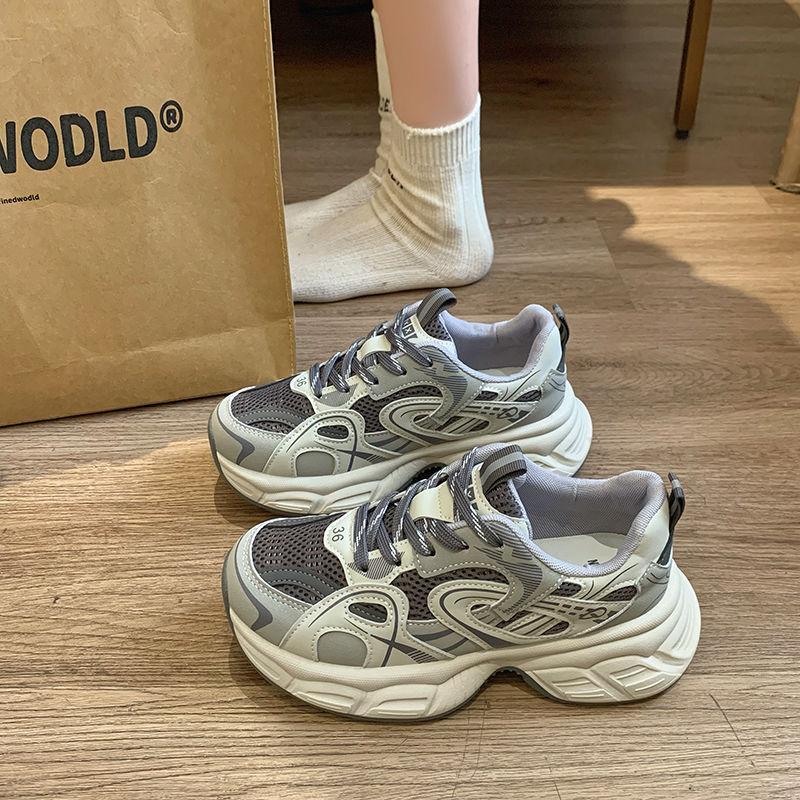 Net Shoes Are Light and Heightened Casual Sports Shoes for Women's New Spring and Autumn Silver Platform Dad Shoes for Women