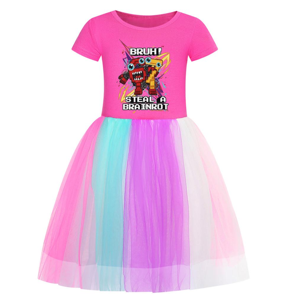 5227 Kids Girls Steal a Brainrot 67 Six Seven Print Mesh Rainbow Round Neck Casual Casual Cotton Dress