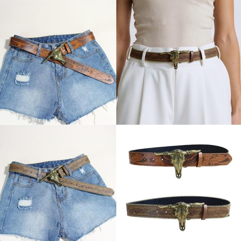 Western Engraved Leather Belt Adjustable Waistband Durable PU Material For Men Women Fashion Enthusiasts