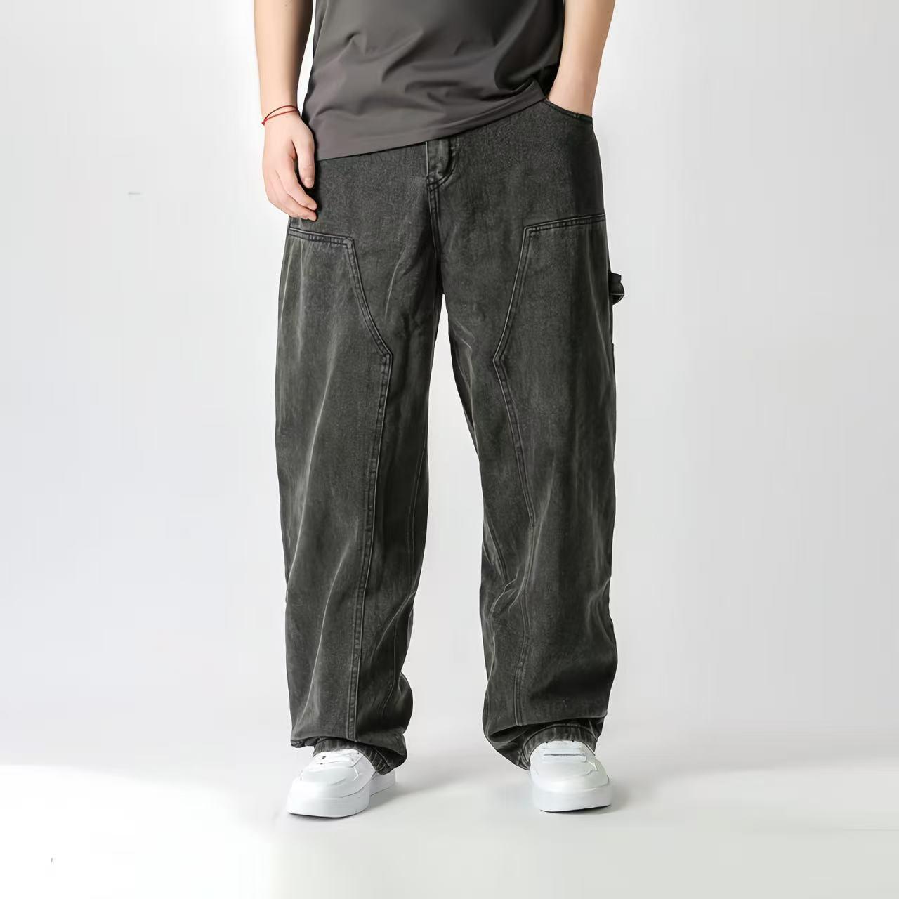

Men s 2025 Retro Hong Kong Style Multi-Pocket Straight Leg Workwear Jeans 3XL чорний