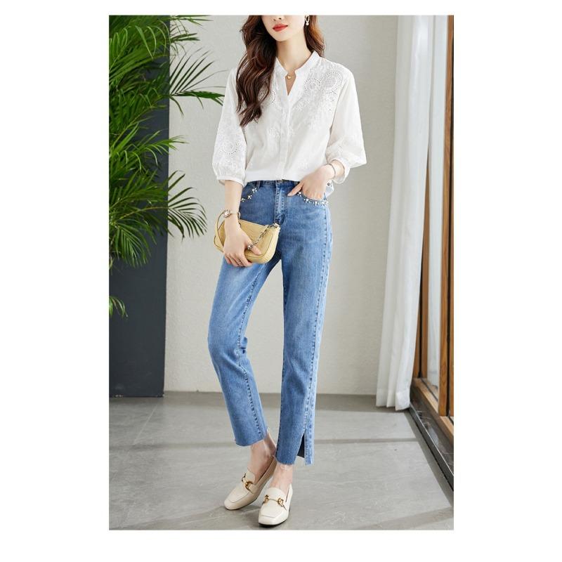 Women's White Embroidered Eyelet Blouse Stand Collar 3/4 Sleeve Casual Loose Shirt