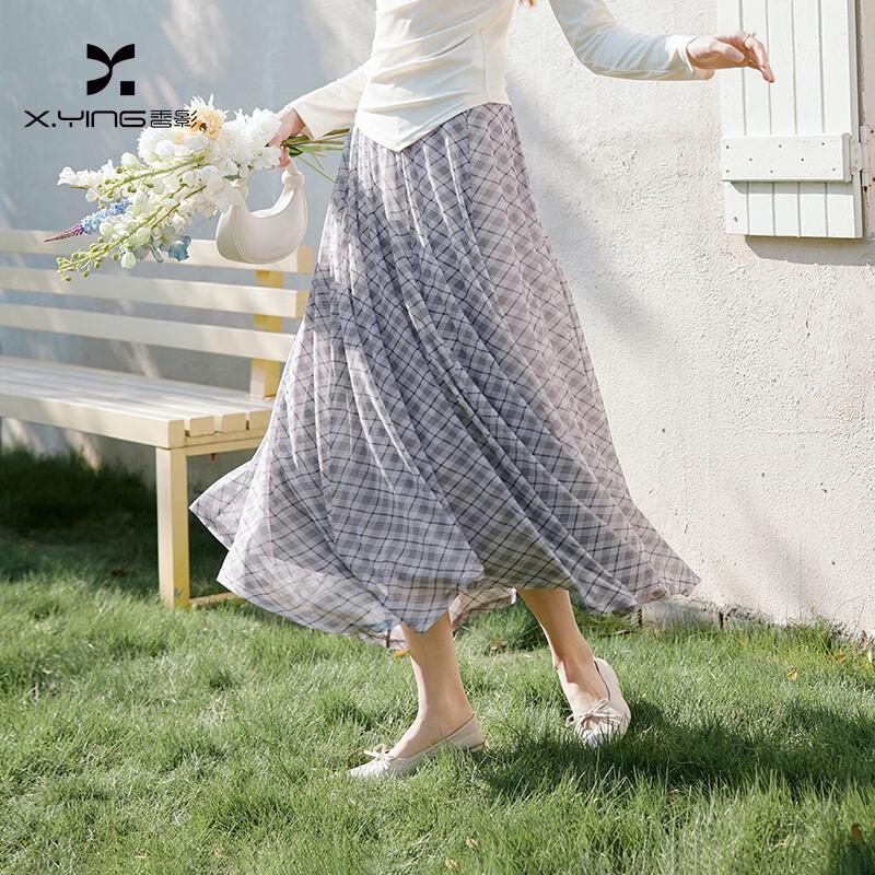 Xiangying Women s High-Waist Irregular Plaid A-Line Skirt S