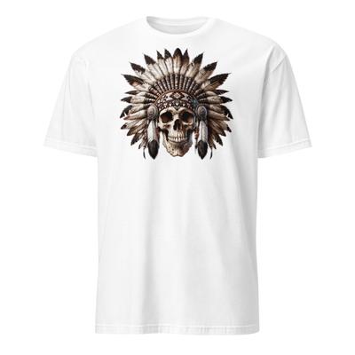 Camiseta Unissex de Manga Curta Única: Design de Crânio de Chefe de Tribo Nativa Americana