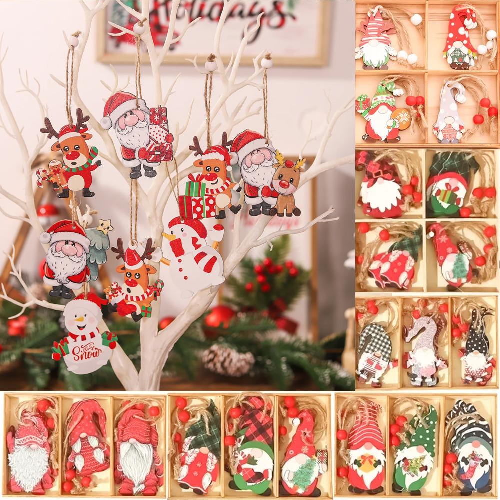9/12pcs Christmas Santa Gnome Xmas Tree Wooden Hanging Craft Christmas Ornaments Christmas Decorations Pendants for Home Kerst