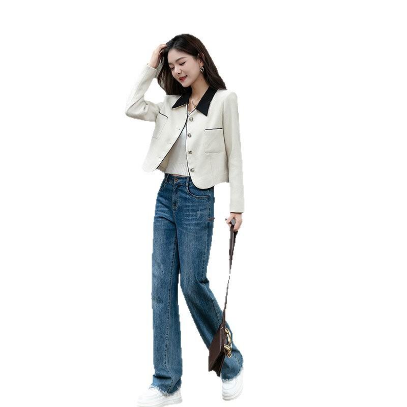Blazer Feminino Curto Chique com Gola Lapela Mistura de Algodão Roupa de Outono Petite