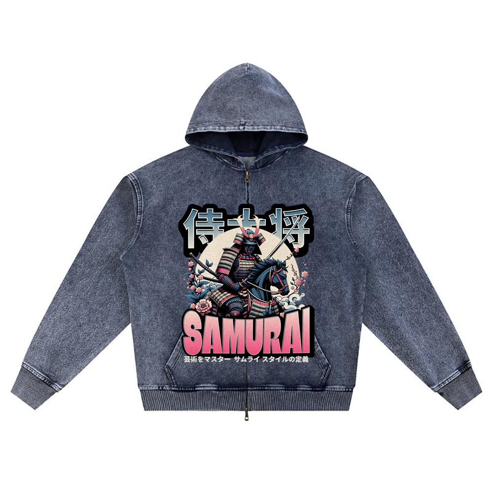 DTG print Knitted Denim Zip-Up Hoodie Japan Samurai Brother Print Zipper Hoodies  