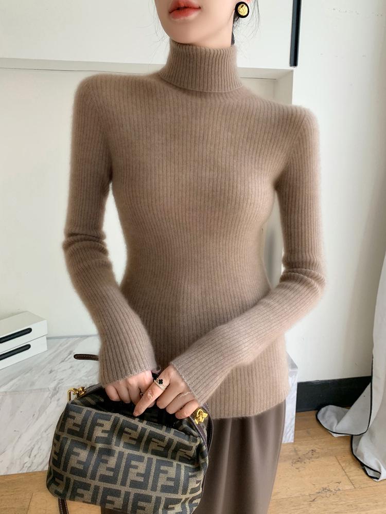 Women's Seamless Cashmere High-Neck Ribbed Sweater, Slim Fit, Body-Shaping, Slouchy Neck, Knit.