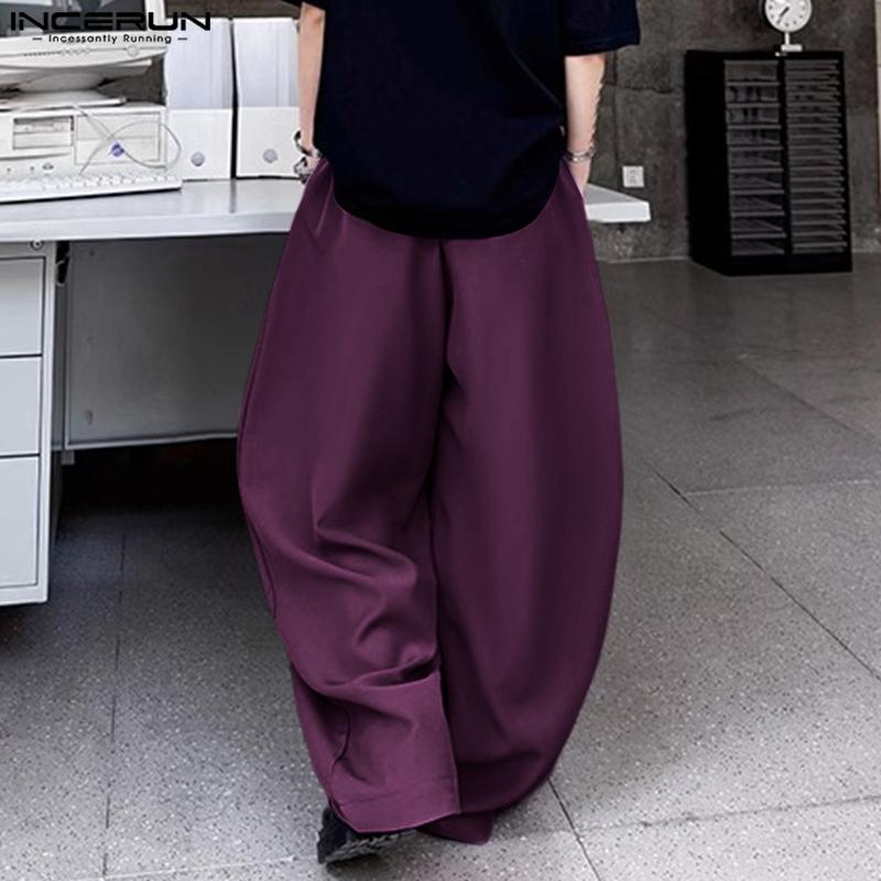 INCERUN Men's High Waist Zipper Ruffled Long Wide Legs Pants Trousers