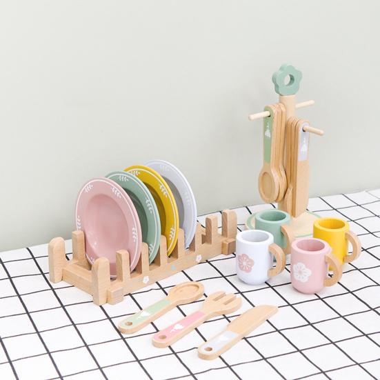 Wooden Kitchen Toy Set for Kids Wood Dinnerware Playset with Plates Cups Cutlery And Holders Simulated Play House Kitchen Pretend Toy Gift